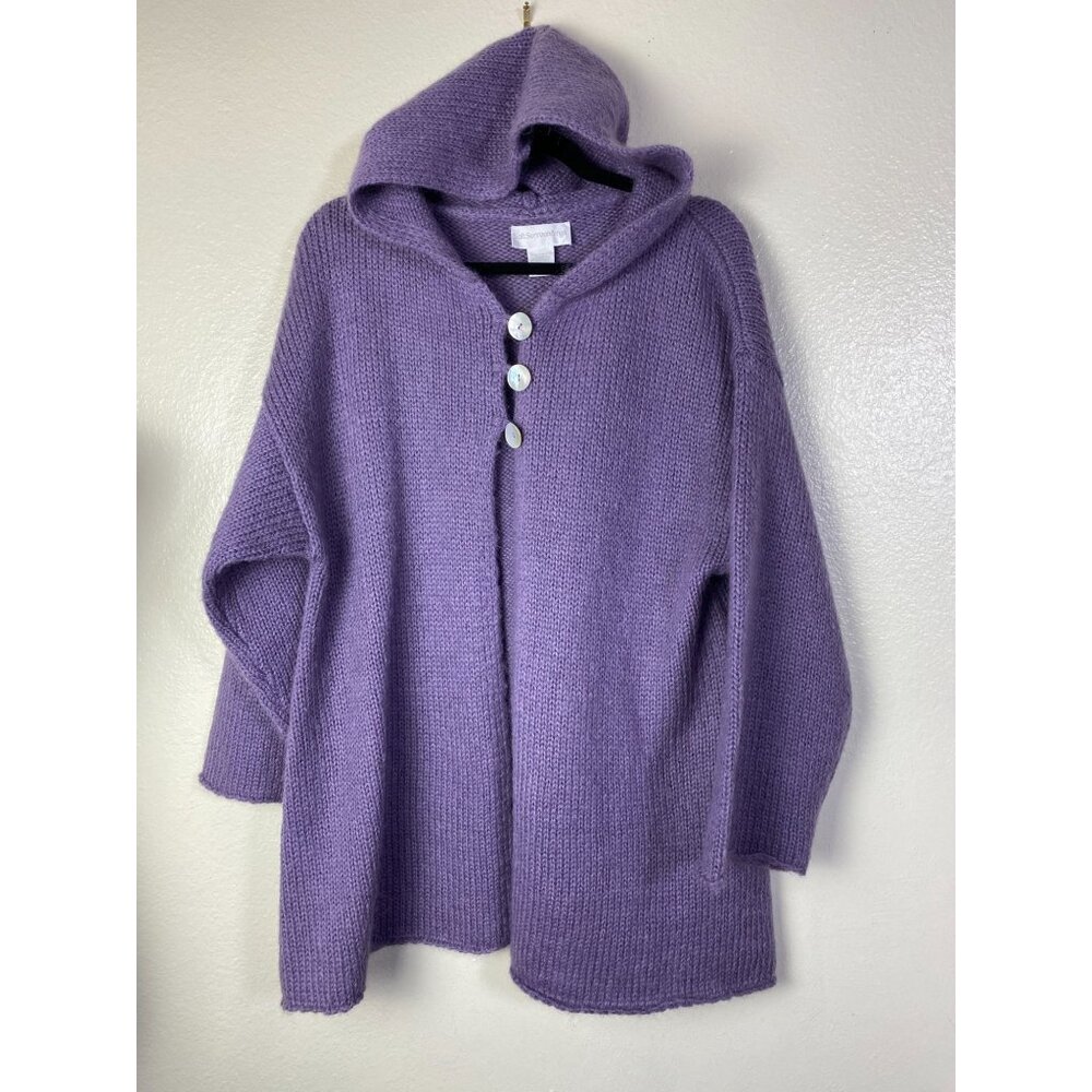 Soft Surroundings Purple Hooded Knit Cardigan Sweater Size Medium Wool Angora